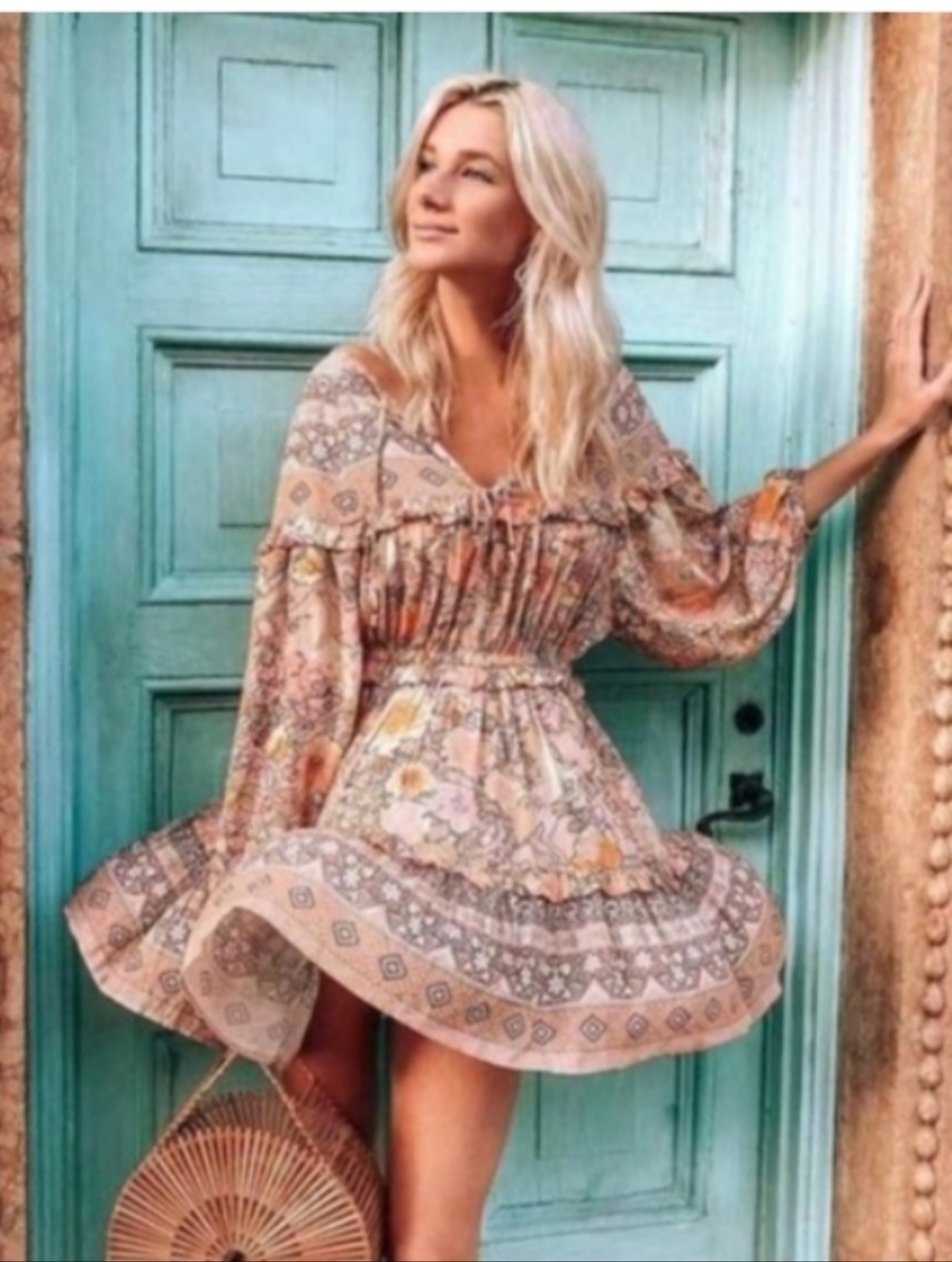 Spell Boho Mini Dress in Beige, Cream, Orange Floral Print